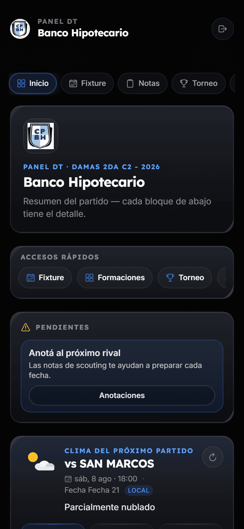 Vista mobile del panel de Webber Hockey